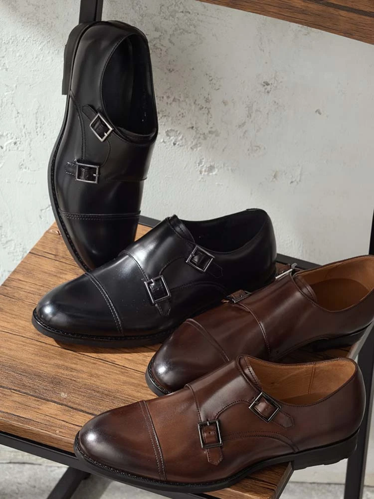 D．ブラウン 本革ダブルモンクシューズ ストレートチップ ブラック