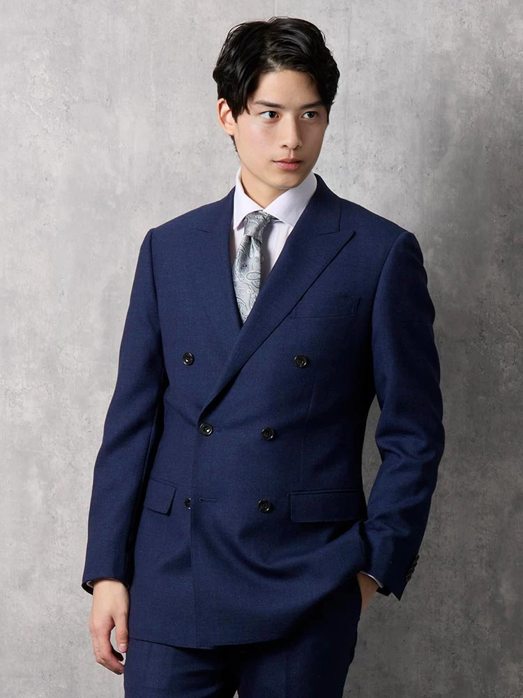 ウール100％】TRANS CONTINENTS ダブル6釦スーツ【アーバン】ネイビー