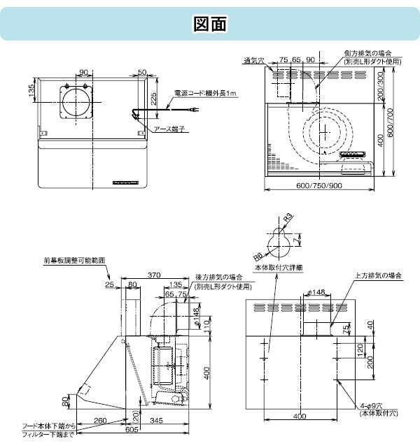 富士工業 レンジフード シロッコファン○間口750mmBDR-3HL-751 BK/W