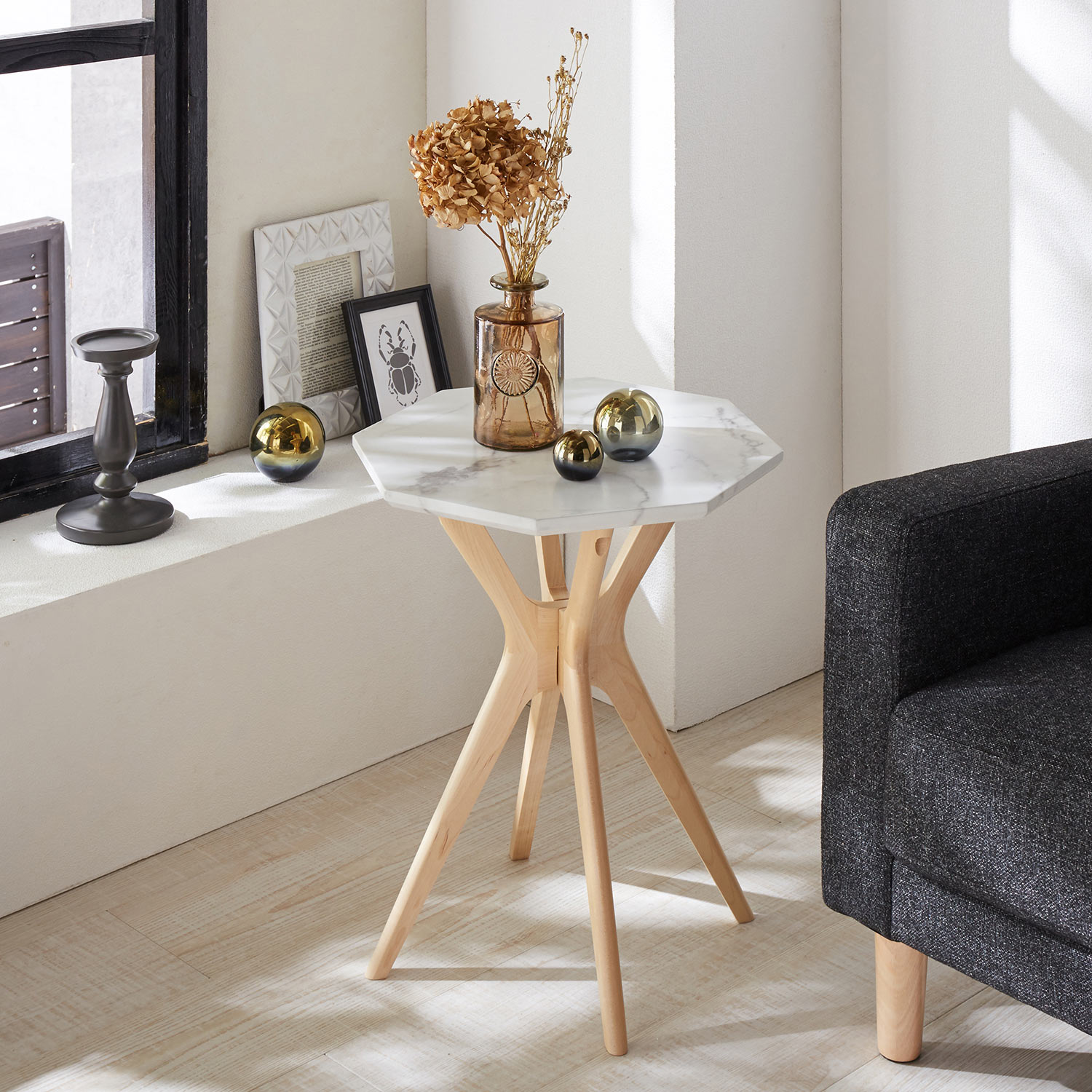 大理石調天板の八角サイドテーブル（サイドテーブル/リビングワゴン