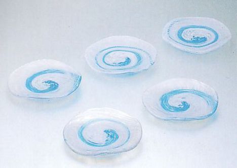 北洋硝子 津軽びいどろ 渦シモ手づくりガラス菓子皿（銘々皿）セット5
