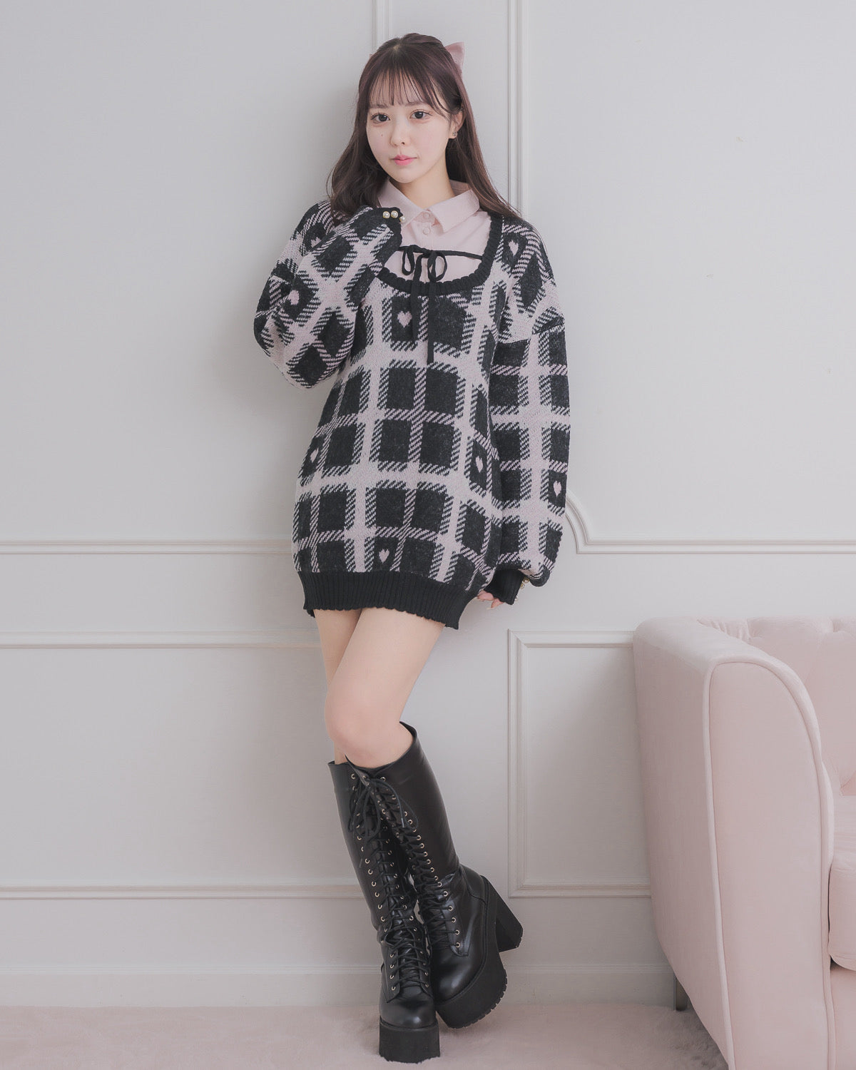 ハートチェックレイヤードニットワンピース – pium