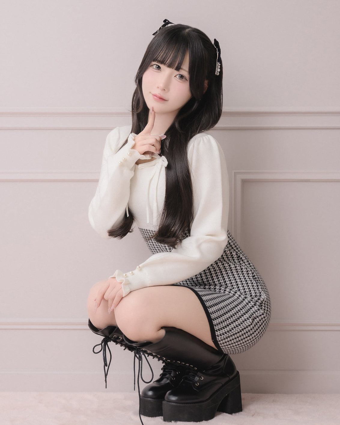 カットアウト千鳥柄ニットワンピース – pium