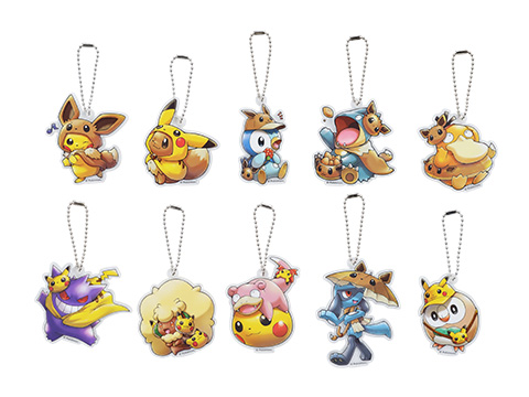 ポンチョ姿のピカチュウとイーブイや、身にまとったポケモンのグッズ