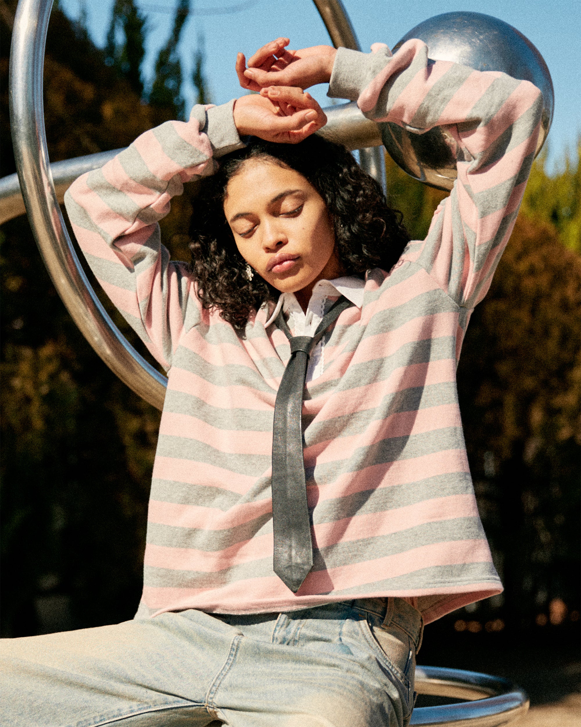 Gathered sleeve rugby shirt (pink/gray)