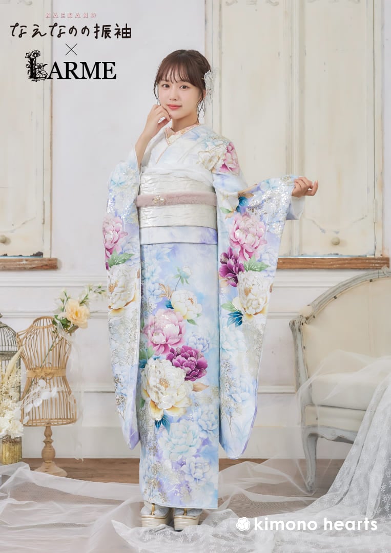 ロマンティックガーリー】KH-558｜淡い空色に紫と白の牡丹が可憐に咲い