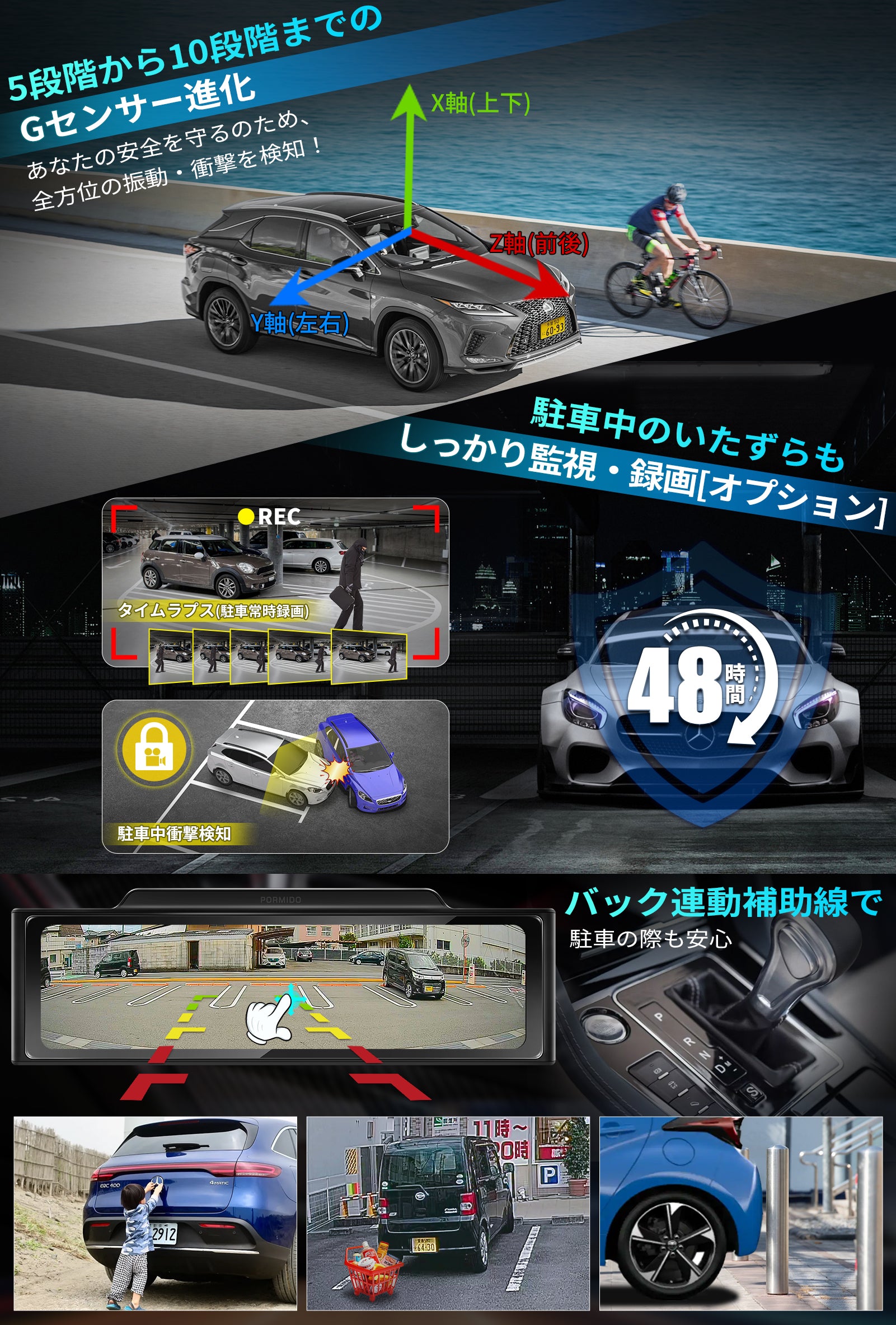 PRD6XC・PRD6X 前後カメラとも60FPS高輝度ミラー型 ドライブレコーダー