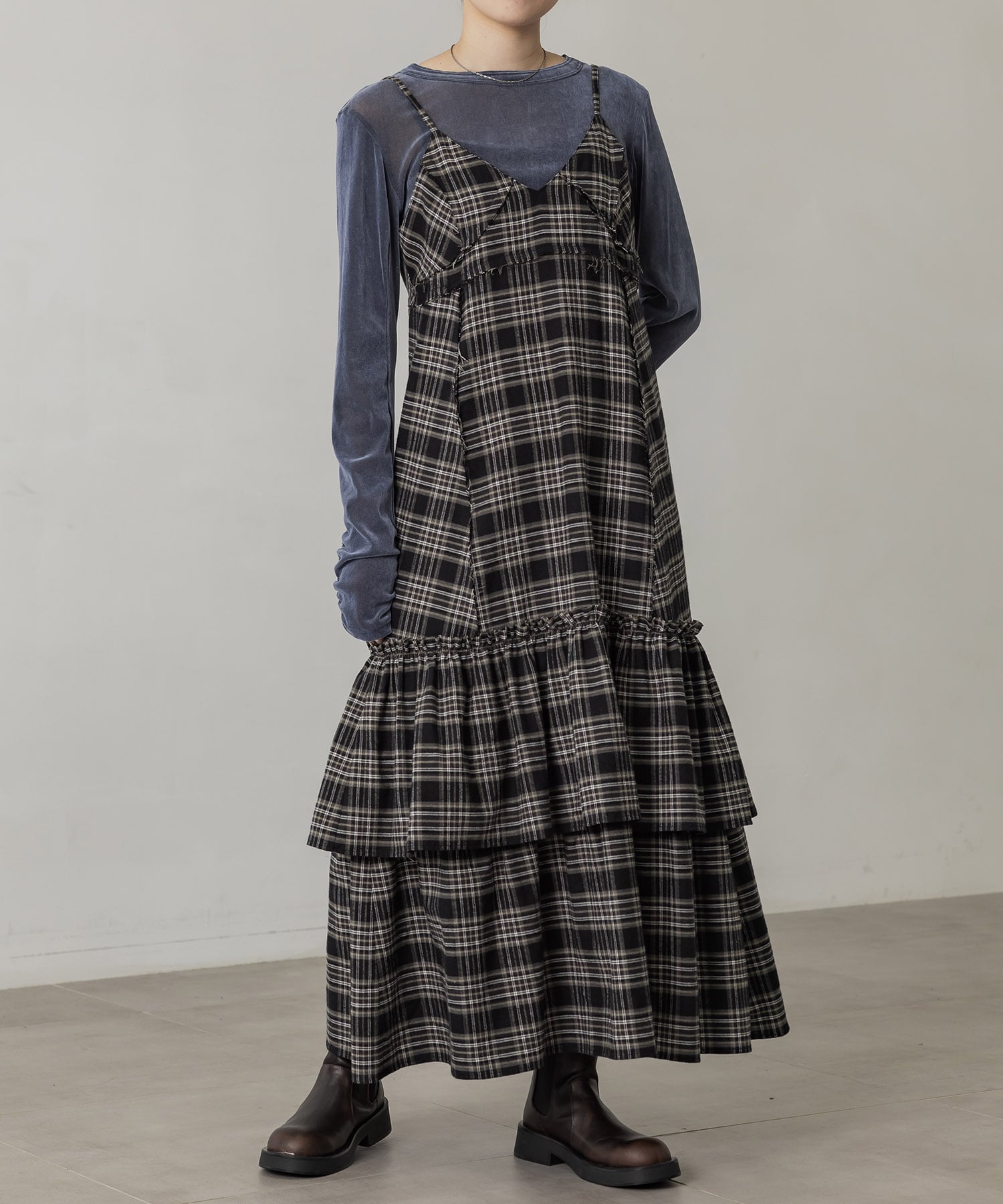 残りわずか〉ティアードチェックキャミワンピ(FREE BLACK