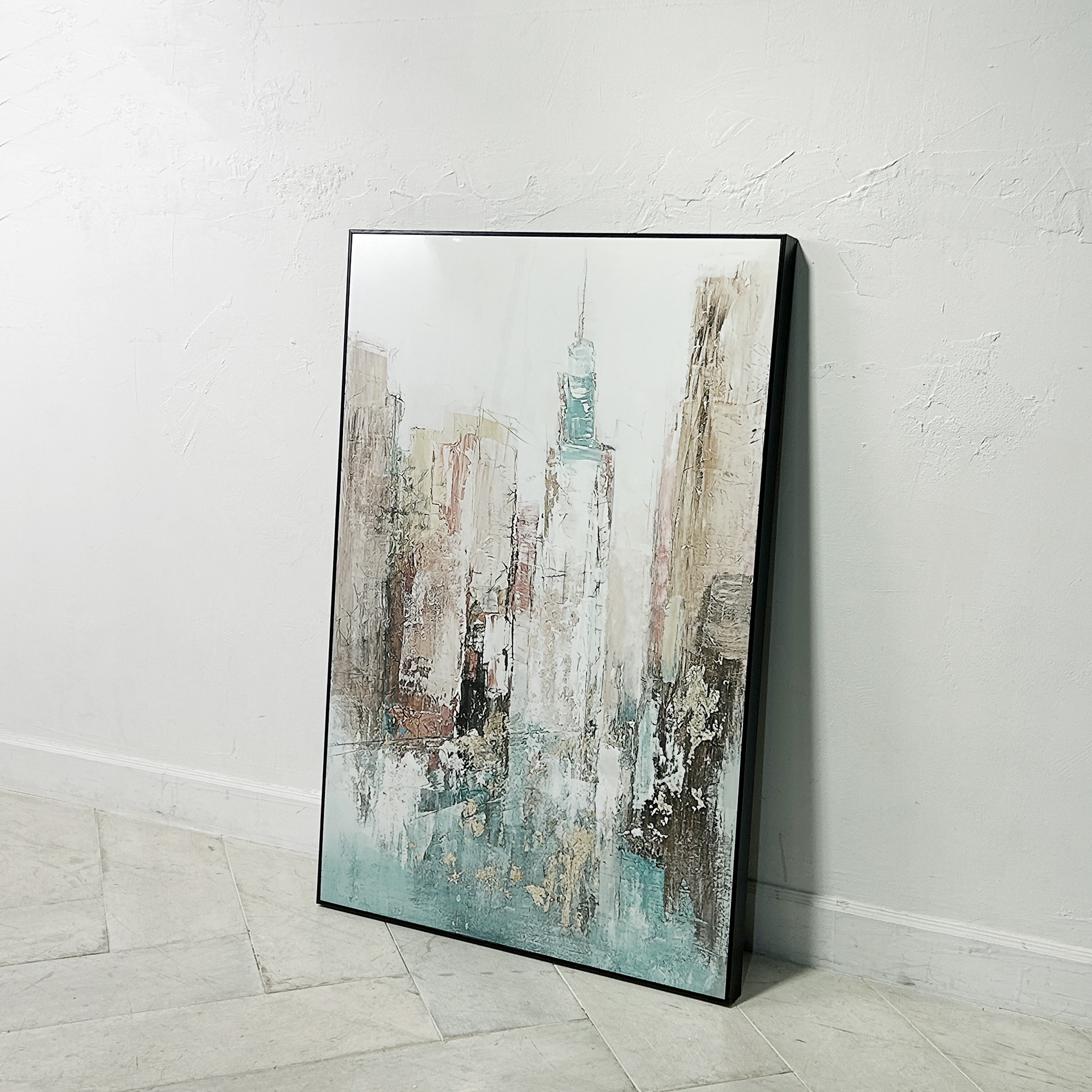 額絵 ウッドブラックフレーム 光沢抽象画 「油絵風 高層ビル グリーン