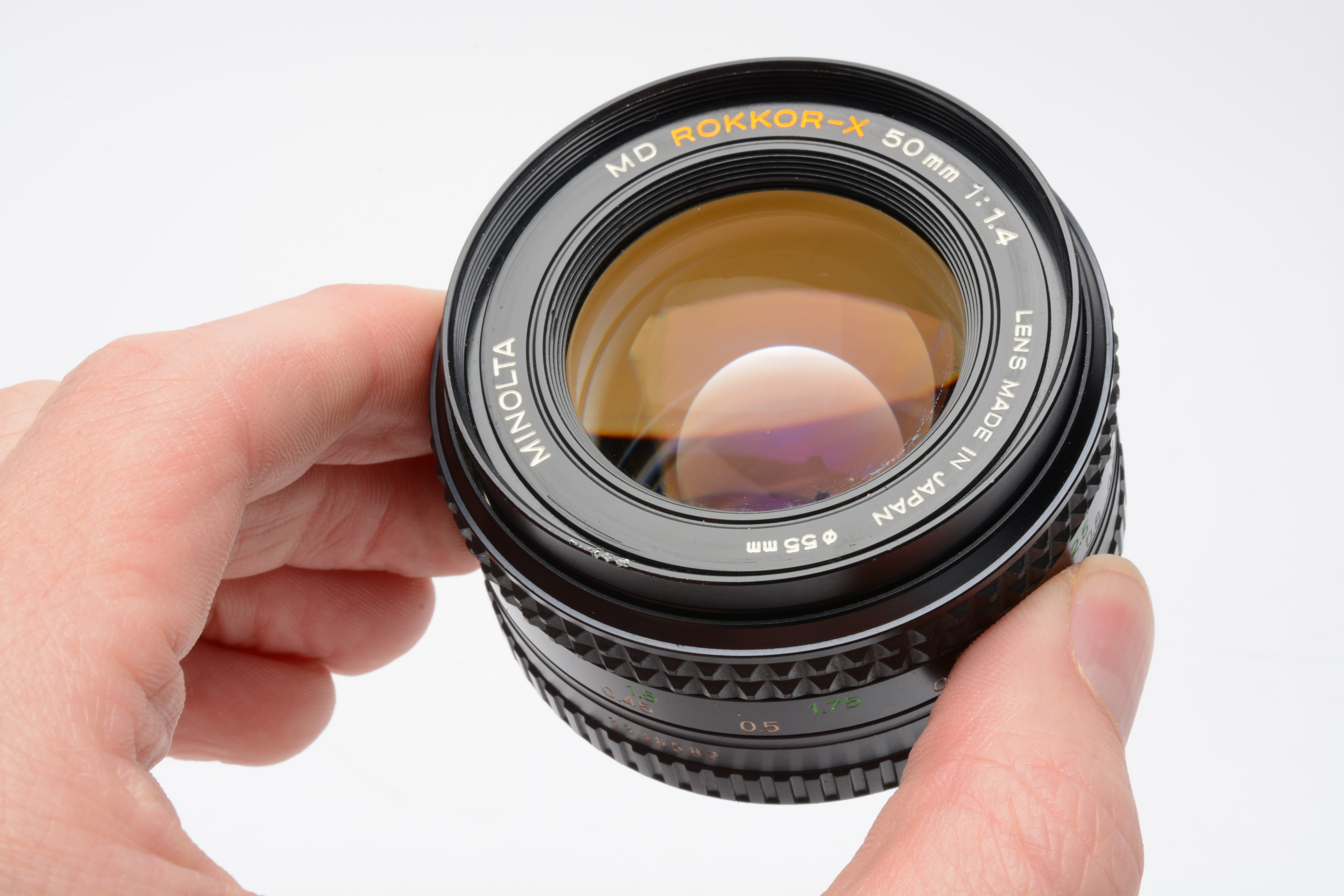Minolta MD Rokkor-X 50mm f1.4 prime lens w/caps, clean and sharp
