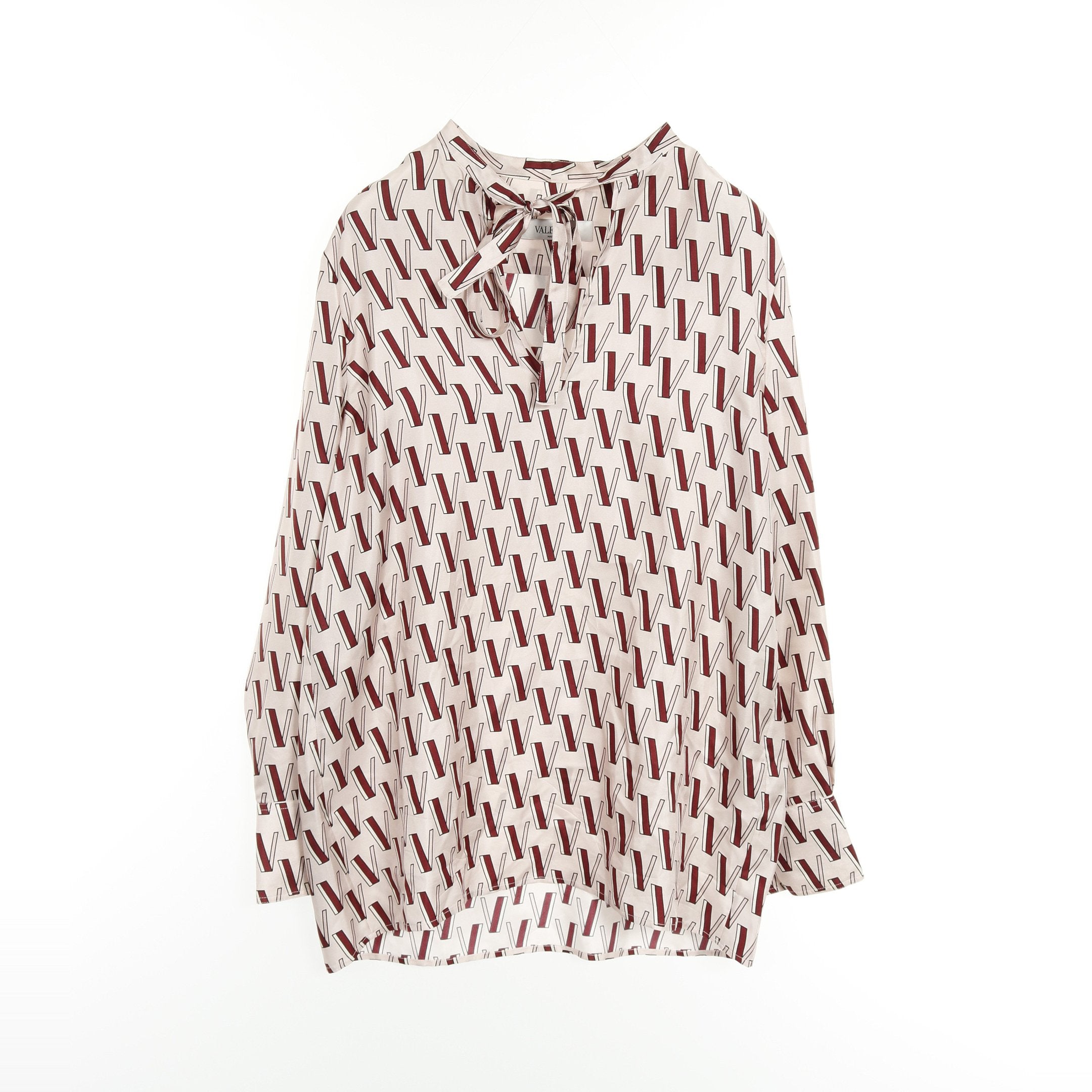 Vロゴプリント ブラウス ボウタイ シルク ライトピンク ボルドー