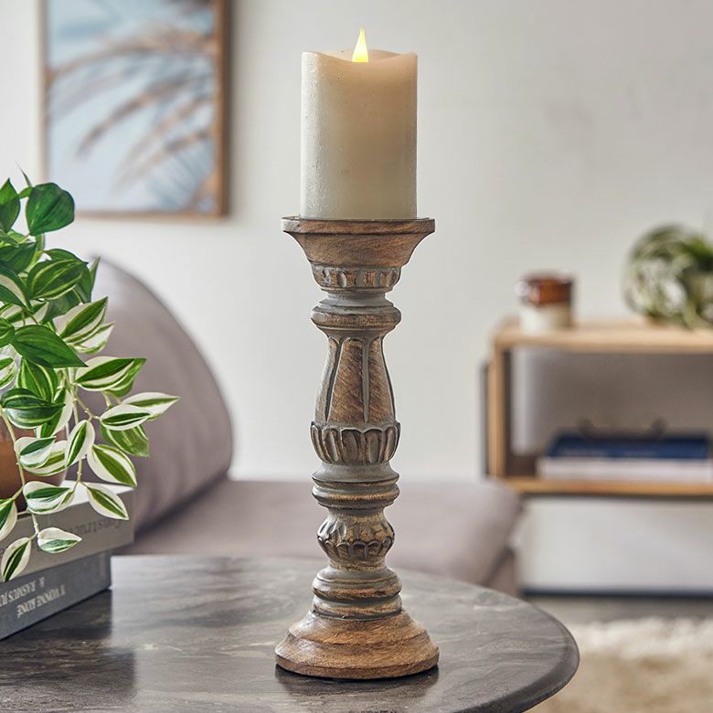 キャンドルホルダー グレイウォッシュ 木製 ラウンド型 Mサイズ 約 W