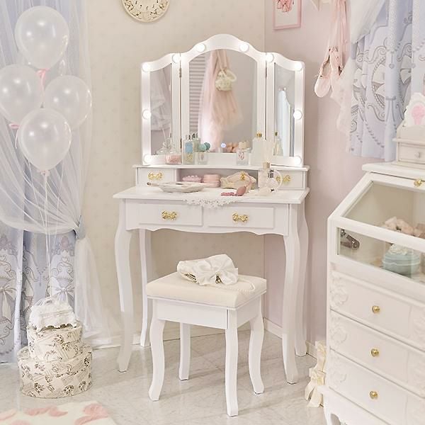 直送】リボン取っ手の三面鏡スリムドレッサー(ライト付き)｜かわいい
