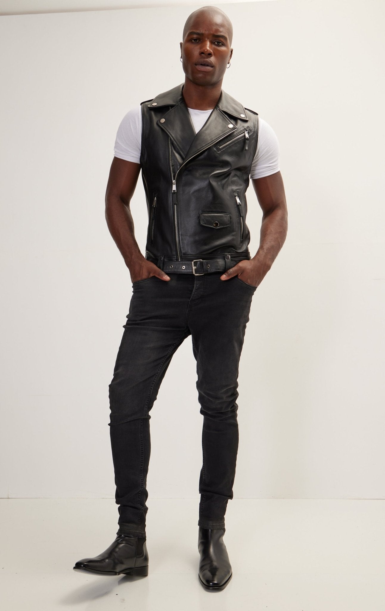 The Asymmetric Zipper Closure Leather Vest - Black - Ron Tomson