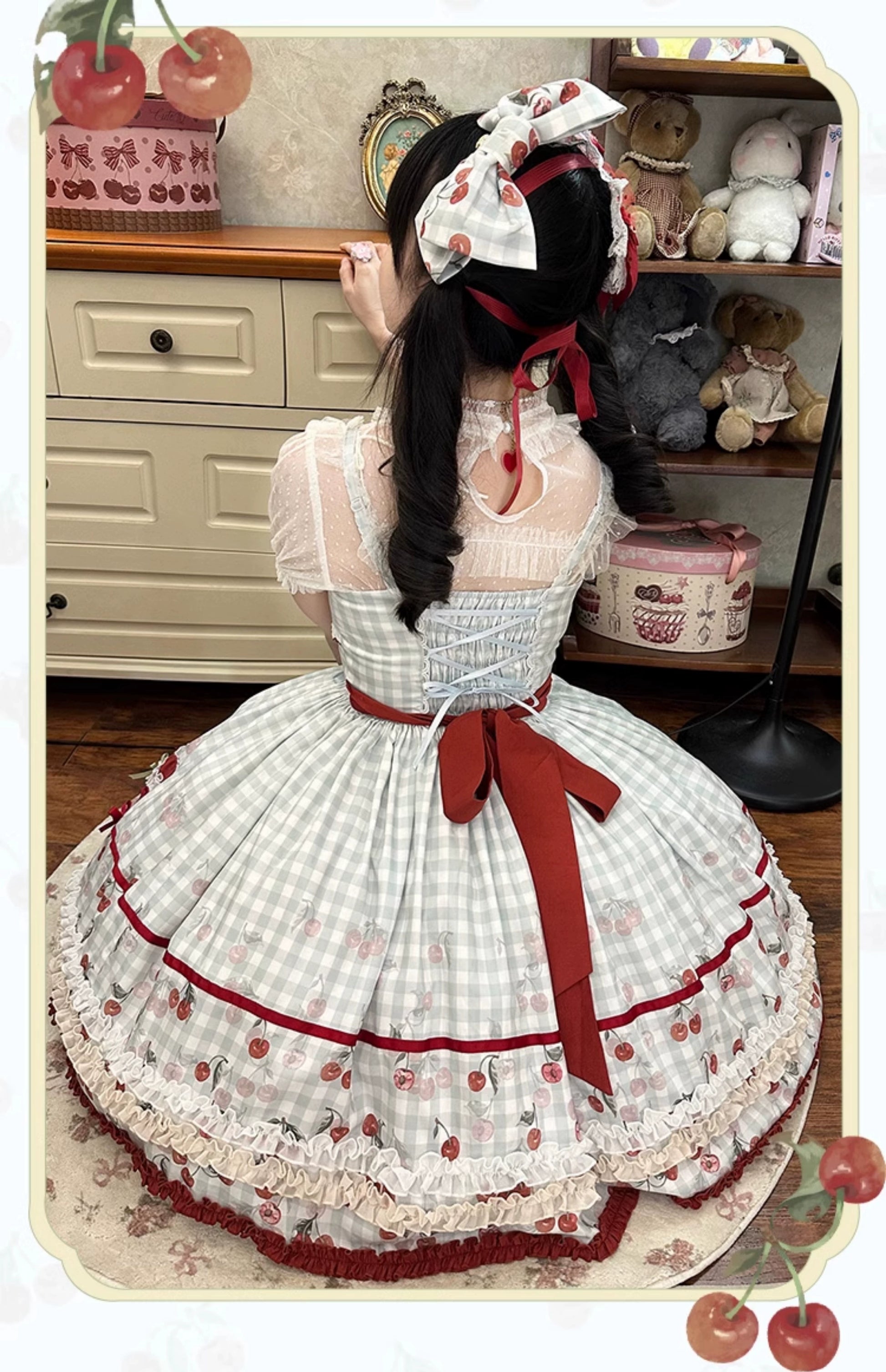 Cherry and Heart ギンガムチェックのジャンパースカート – ロリータ
