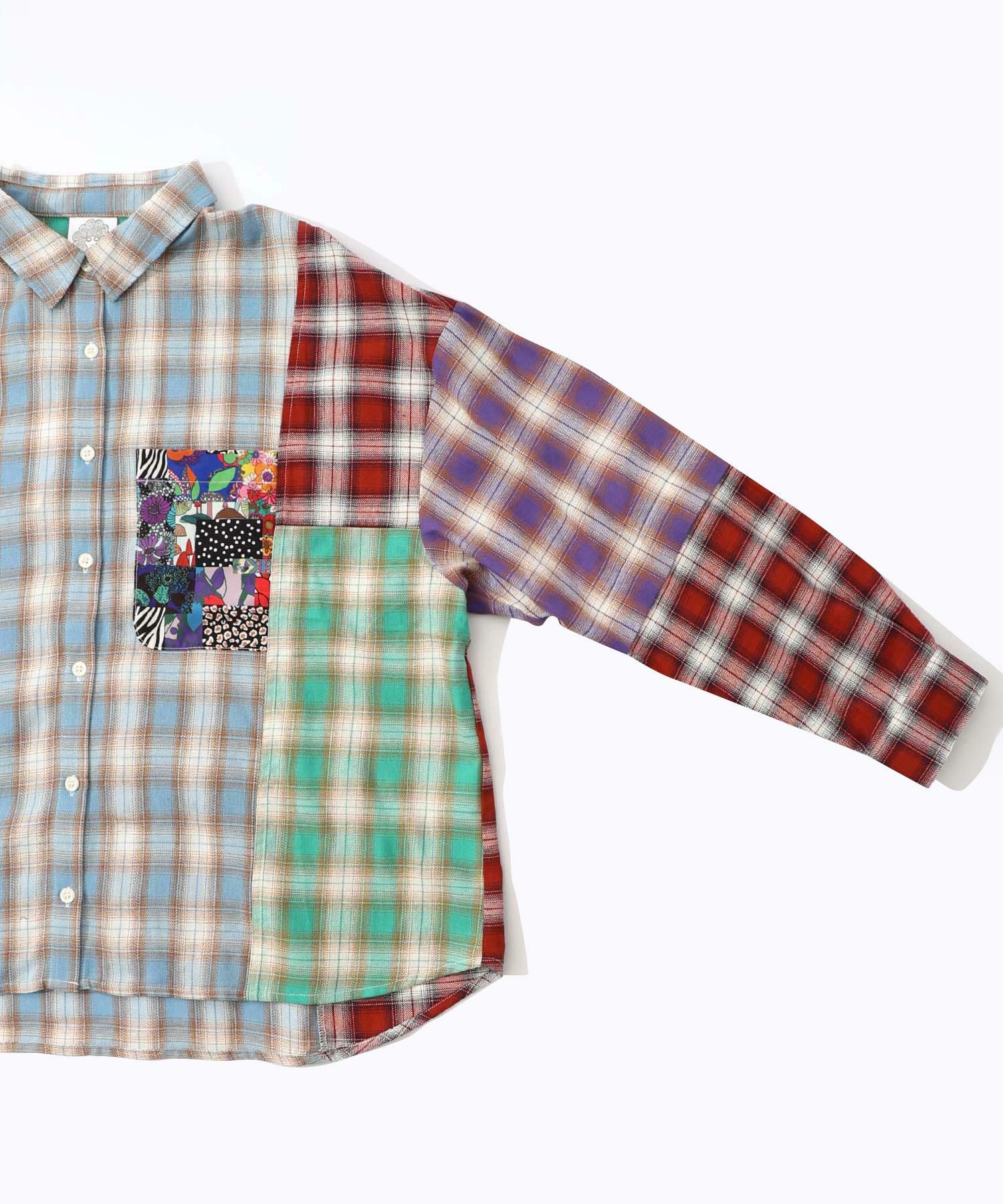 153687：チェックと総柄のアシメパッチワークシャツの通販-ScoLar