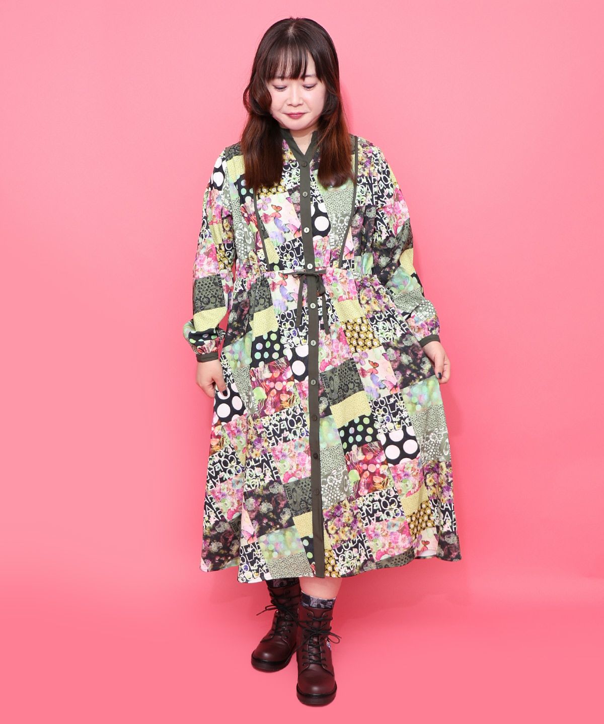 153676：パッチワーク風総柄ドロスト前開きワンピースの通販-ScoLar