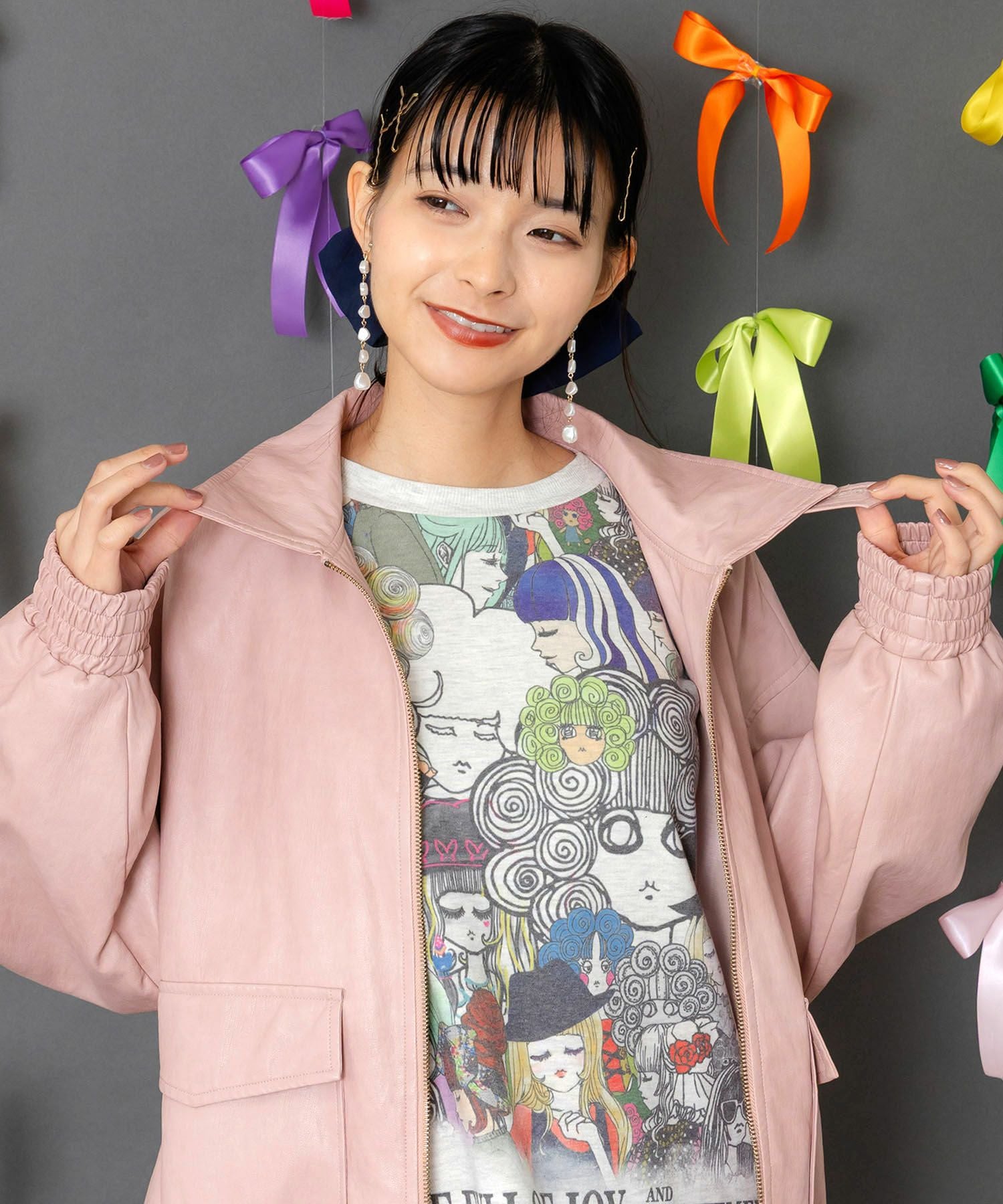 153771：ネコ刺繍フェイクレザー×裏地ブルゾンの通販-ScoLar