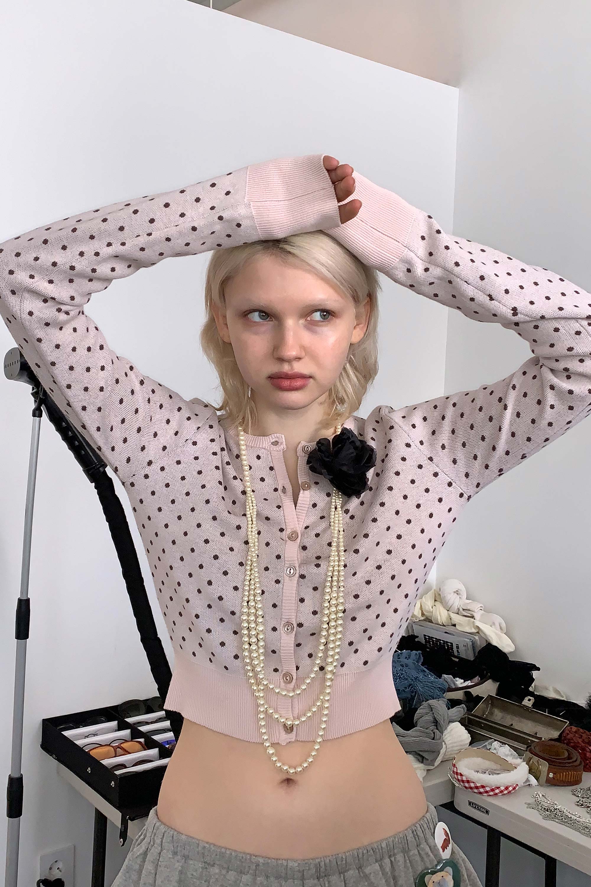 Polka Dot Cardigan Baby Pink/Brown – Sculptor