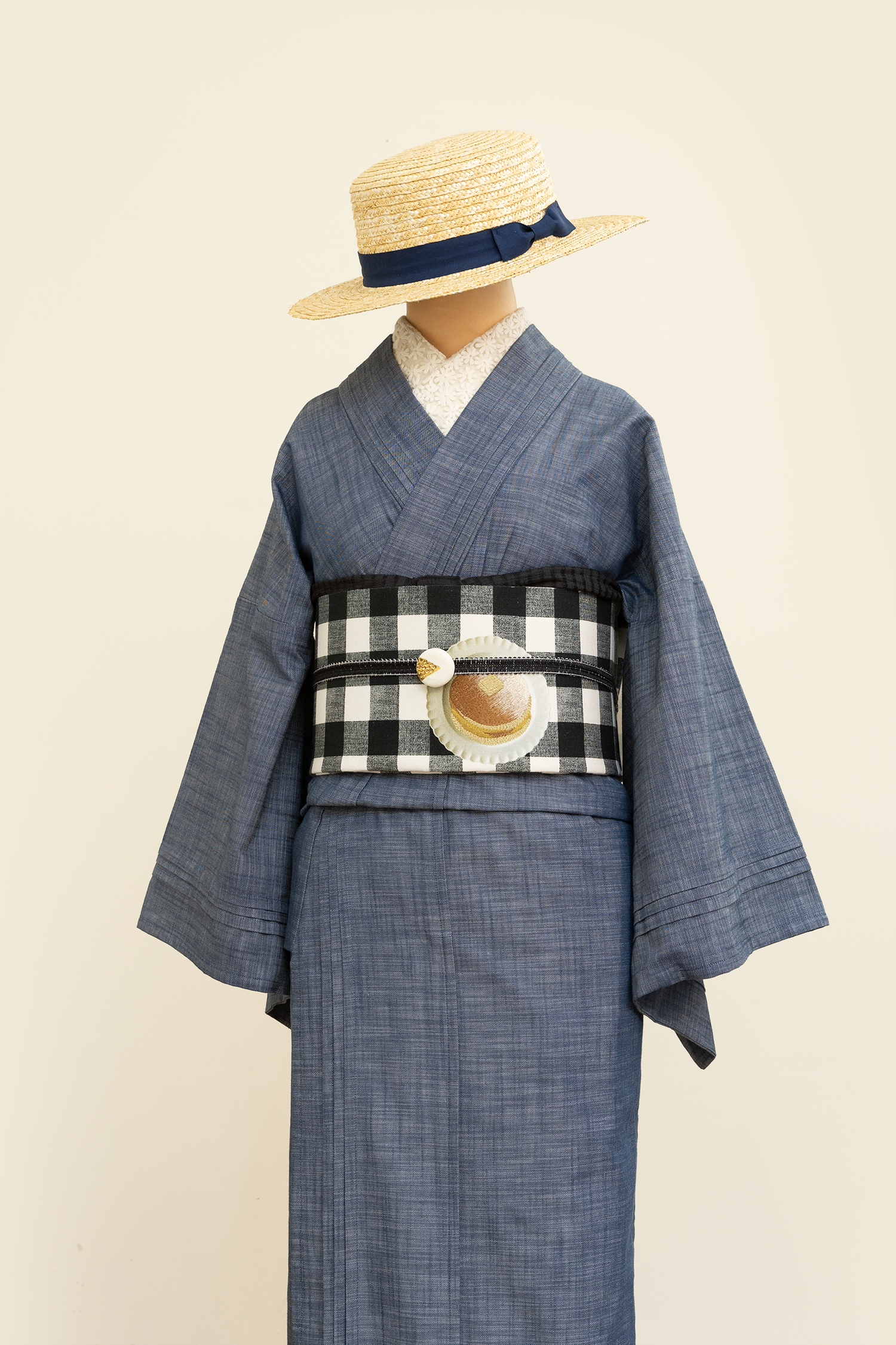 パンケーキ刺繍八寸ひとえ帯（黒ギンガム） | ＃さく研究所