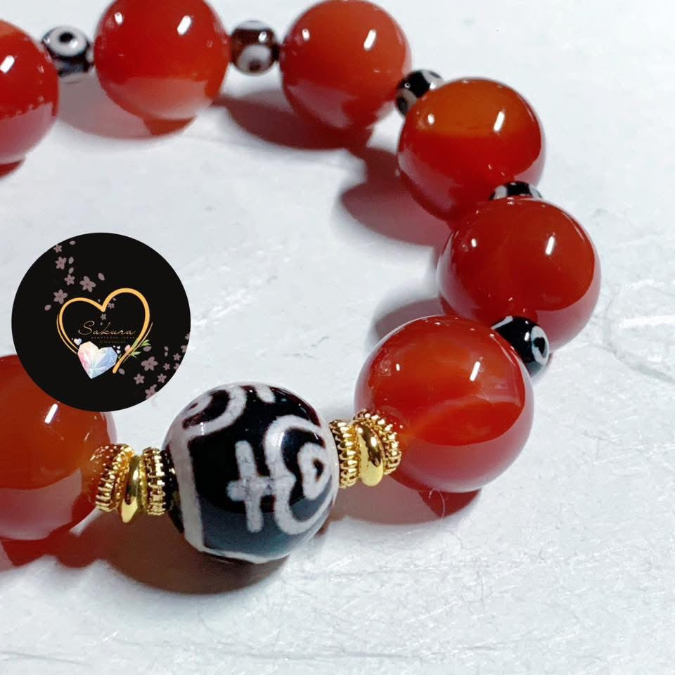 Carnelian TENJU ( 花蜜容器天珠) TIBETAN Dzi Bead x3 EYE Bracelet