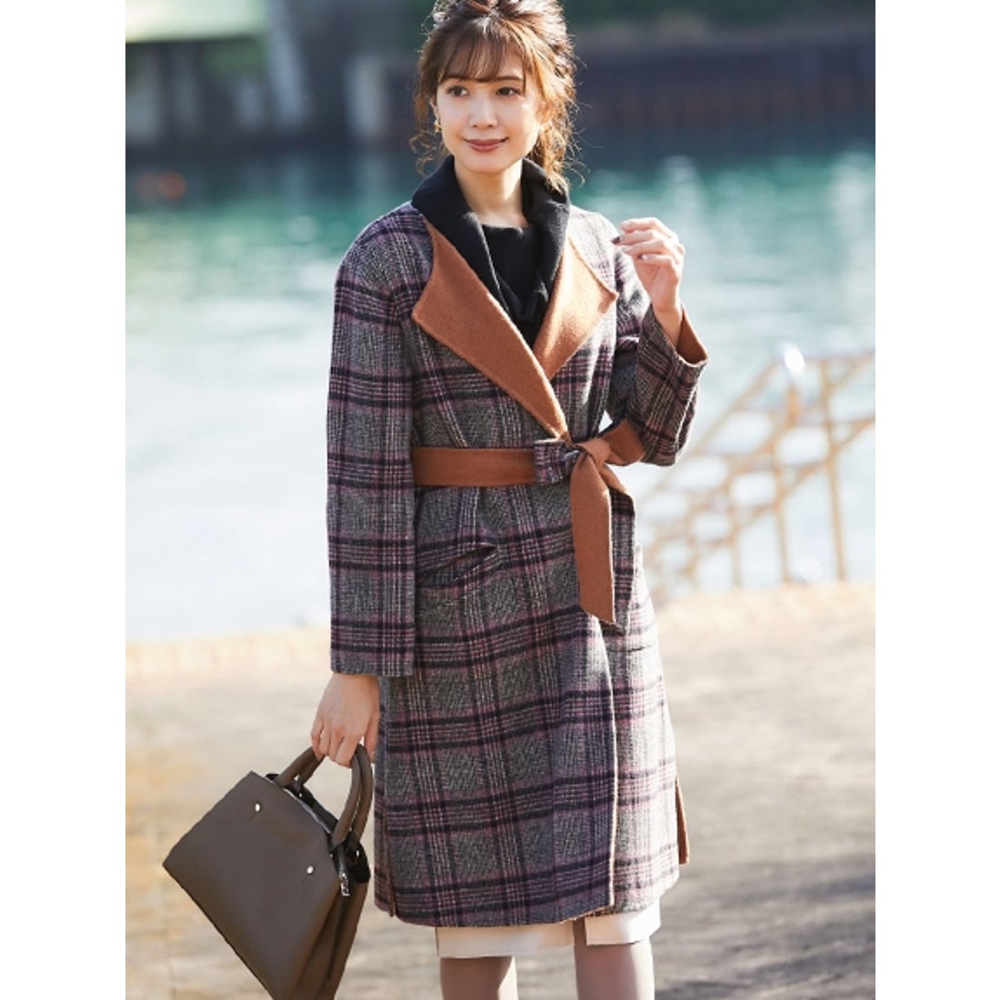 12Twelve Agenda チェック柄リバーシブルコート （キャメル