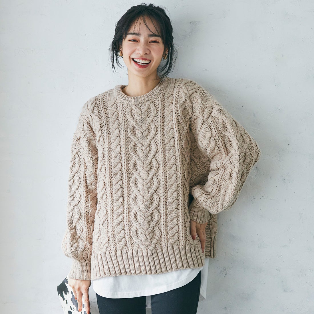 コカ coca ウールミックスローゲージケーブルニット （Gray） -靴