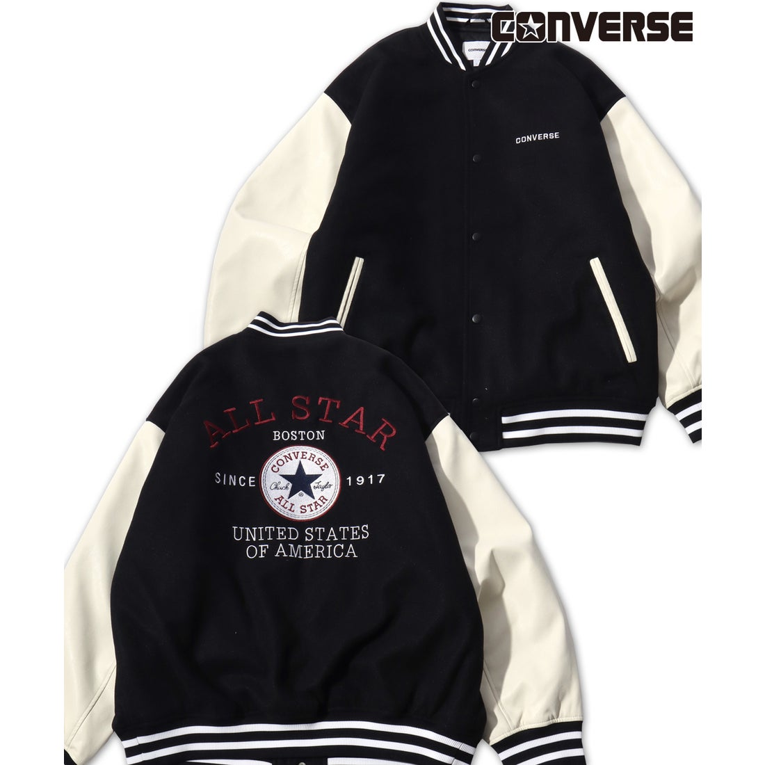 CONVERSE メルトンウール/デニム 袖フェイクレザー 切替 スタジャン