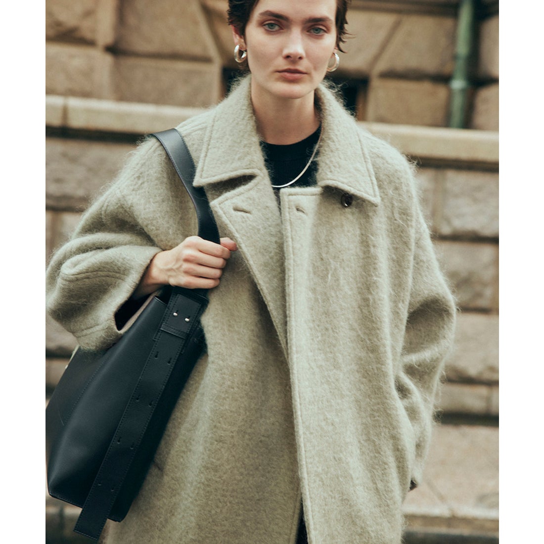 アダム エ ロペ ADAM ET ROPE' モヘヤシャギーミドルコート （カーキ系