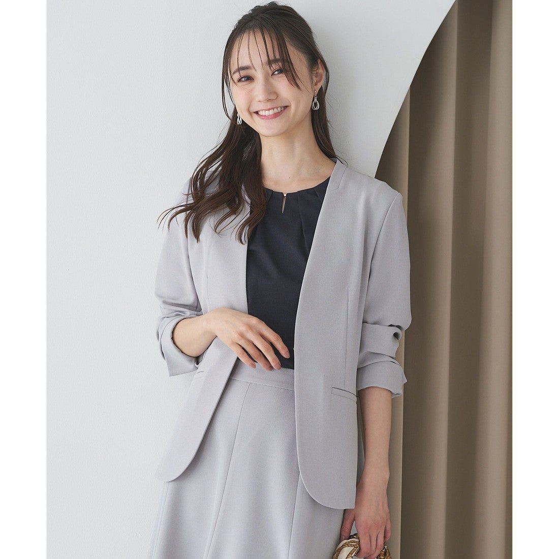 ANY SIS 【セットアップ対応】リネンライクポリエステル ノーカラー