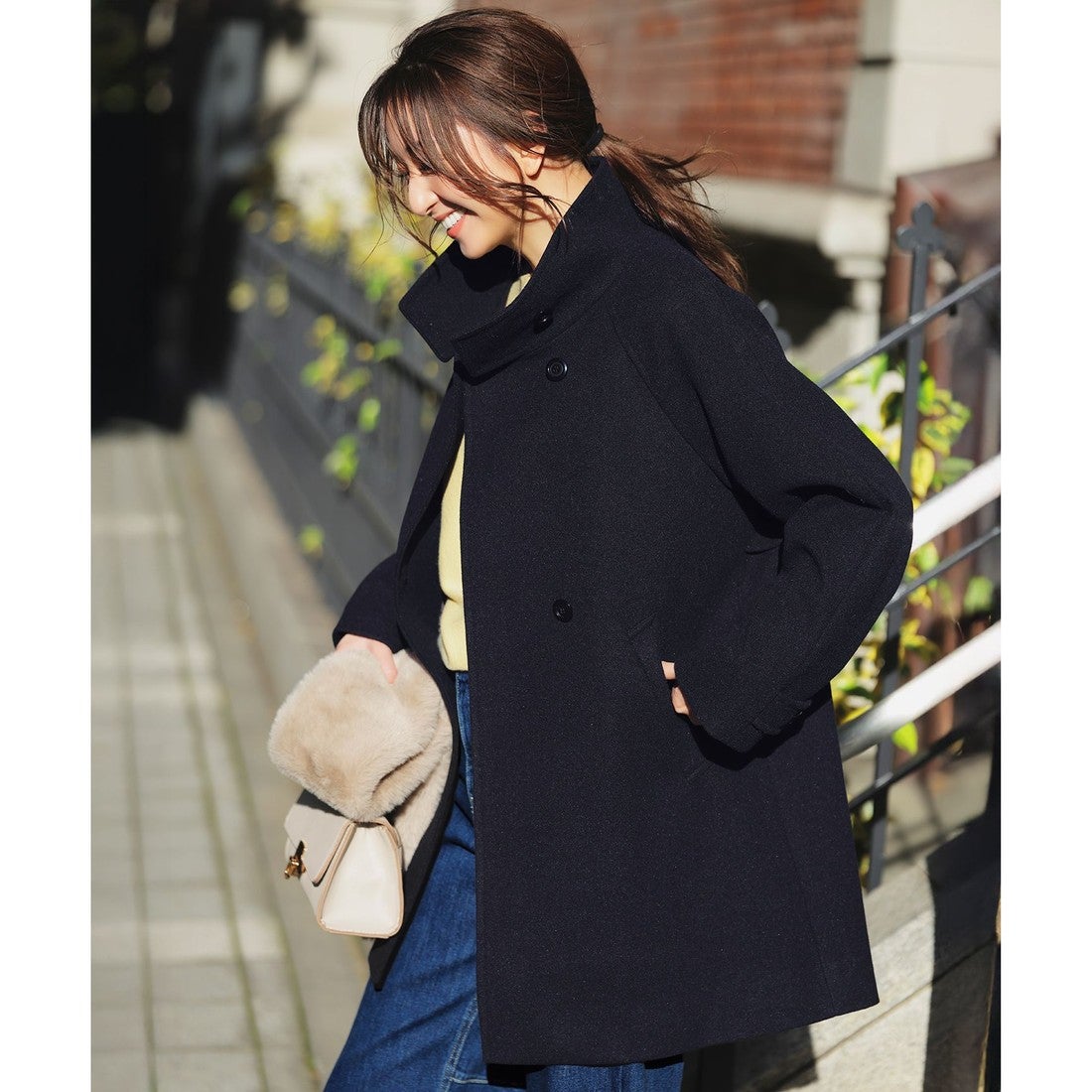 ANY SIS ウールライクスタンドカラー ミドルコート （ネイビー） -靴