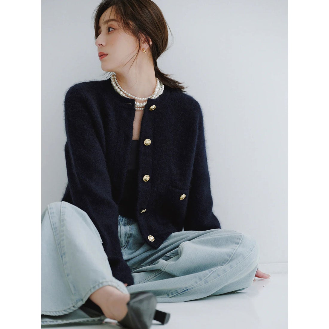 アニュアンス anuans カシミヤブレンドノーカラーニットジャケット