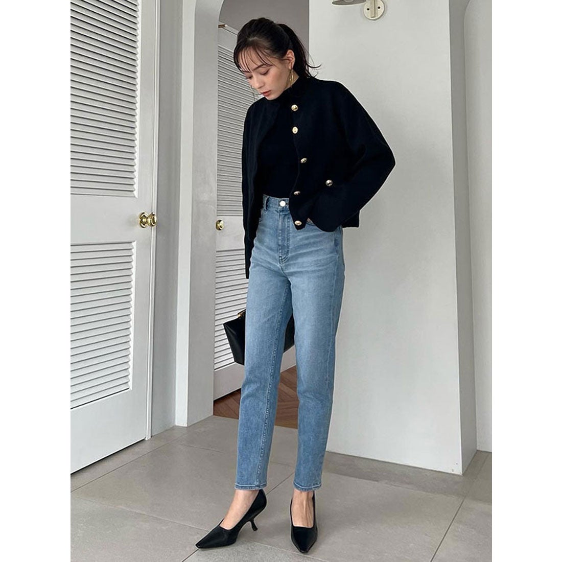 アニュアンス anuans オリジナルボタンノーカラーニットジャケット