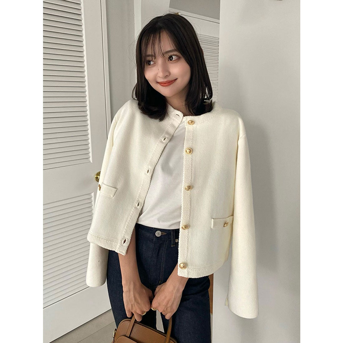 アニュアンス anuans オリジナルボタンノーカラーニットジャケット