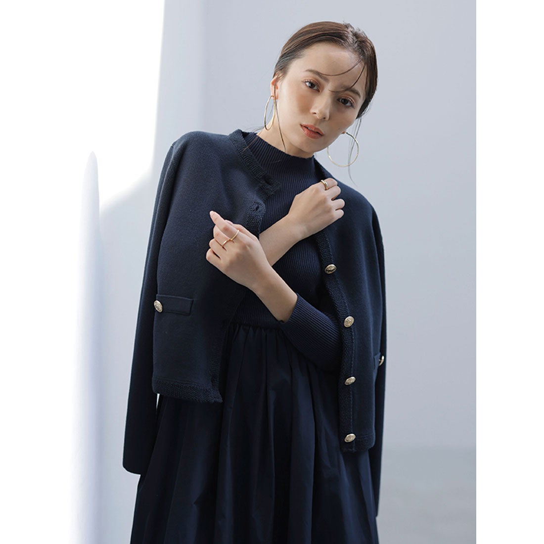 アニュアンス anuans オリジナルボタンノーカラーニットジャケット