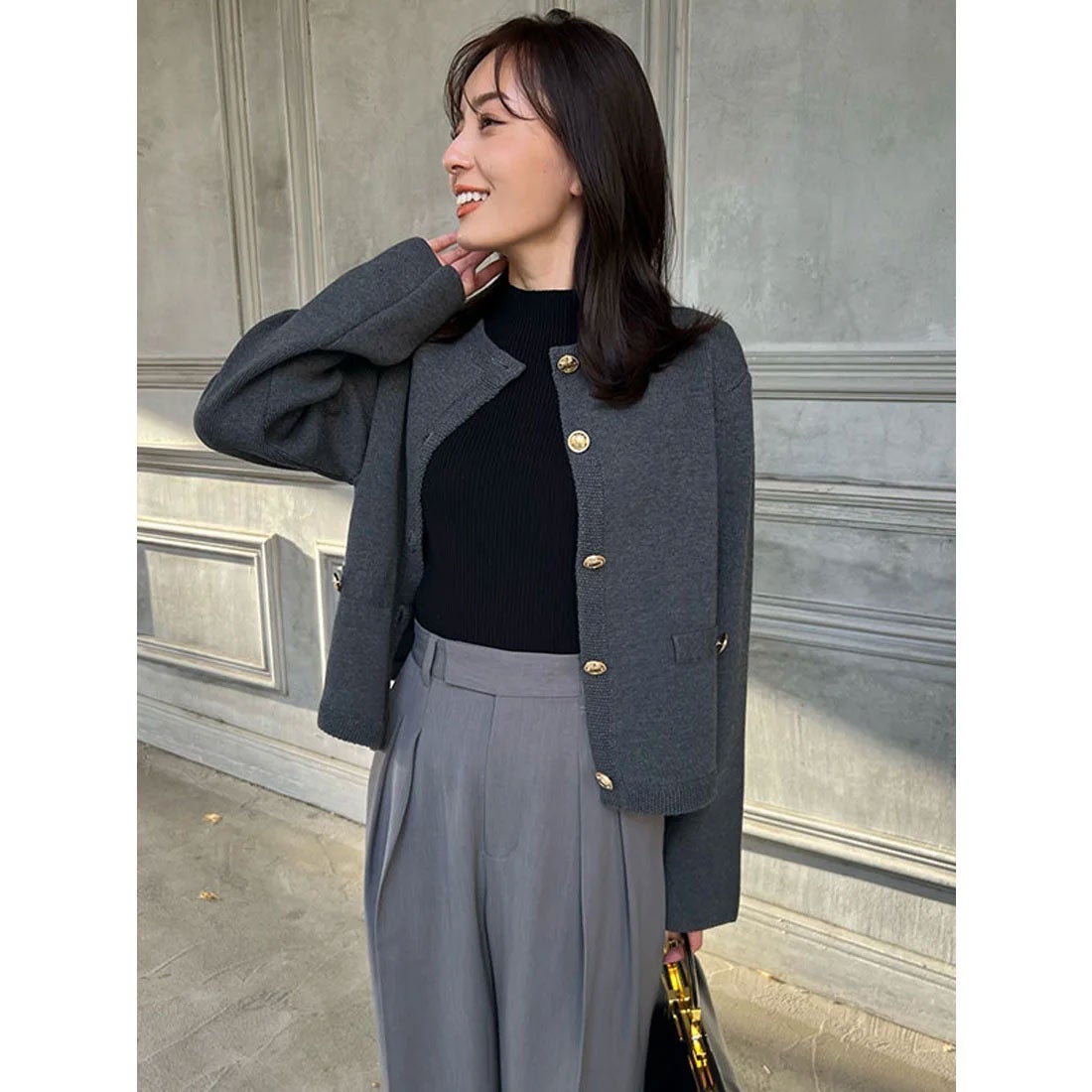 アニュアンス anuans オリジナルボタンノーカラーニットジャケット