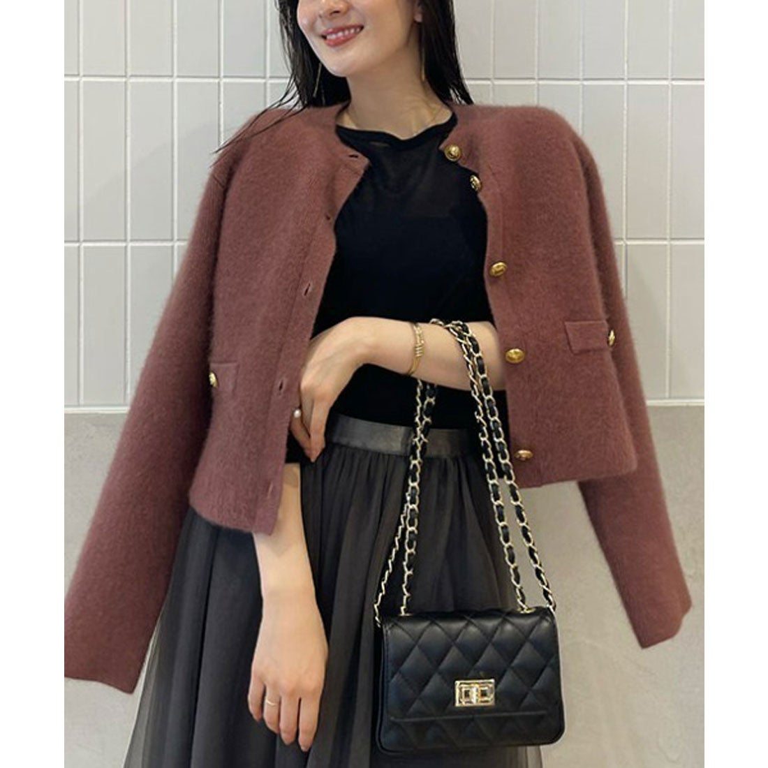 アニュアンス anuans ラクーンブレンドノーカラーニットジャケット