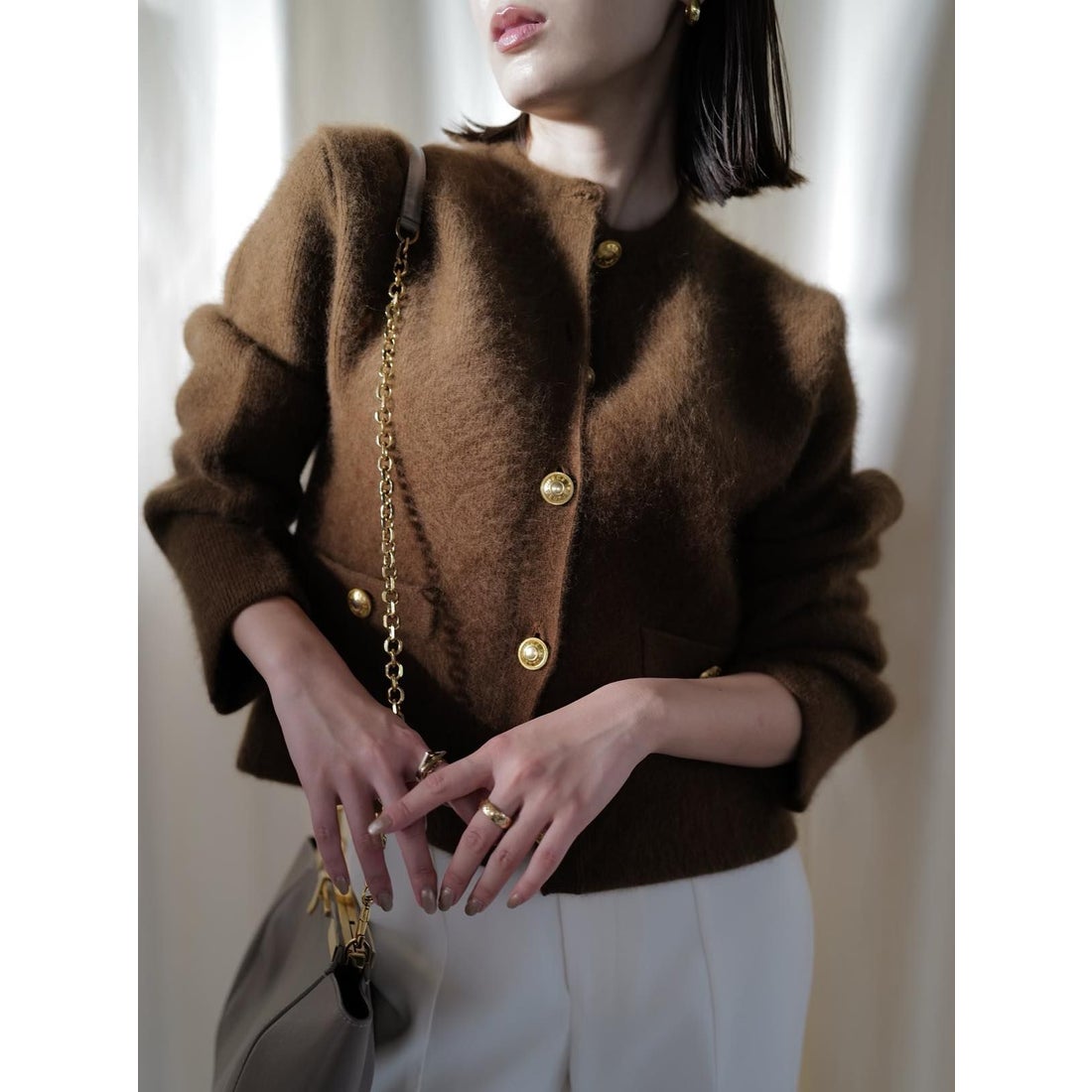 アニュアンス anuans ラクーンブレンドノーカラーニットジャケット