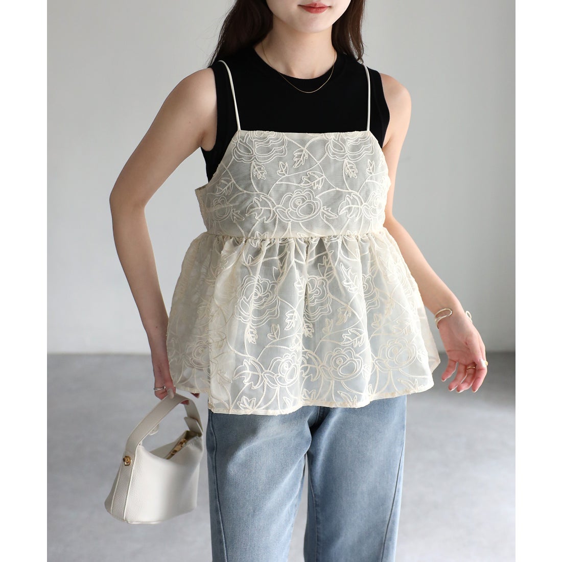 リベリー Riberry フラワー刺繍ペプラムシアーキャミソール/ビスチェ