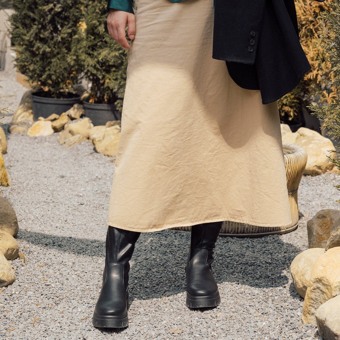 ブソラ bussola 撥水厚底デザインソールロングブーツ （ブラック