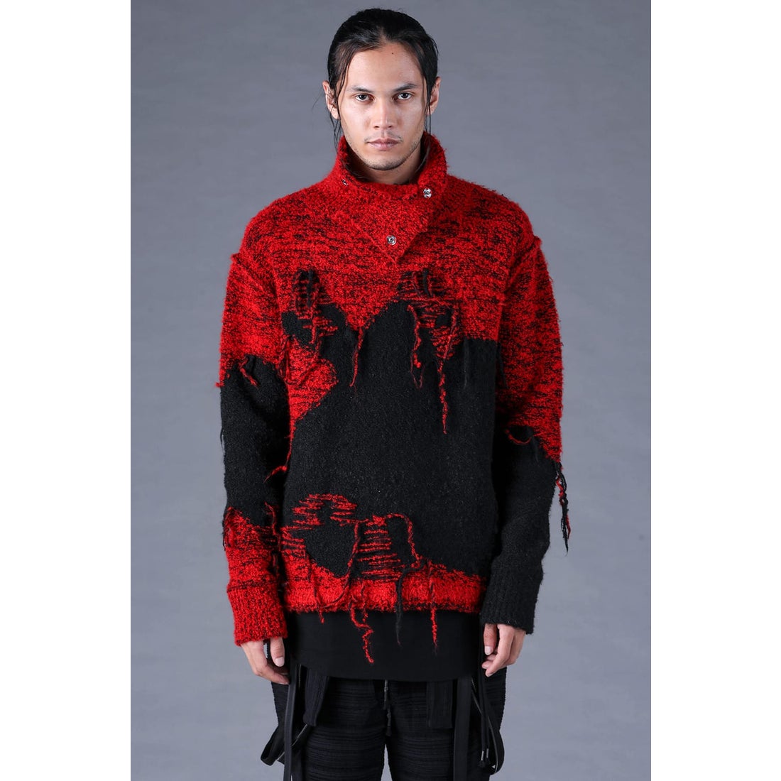 D.HYGEN Damage Intarsia Knit Pullover （Red_Black） - Osaka