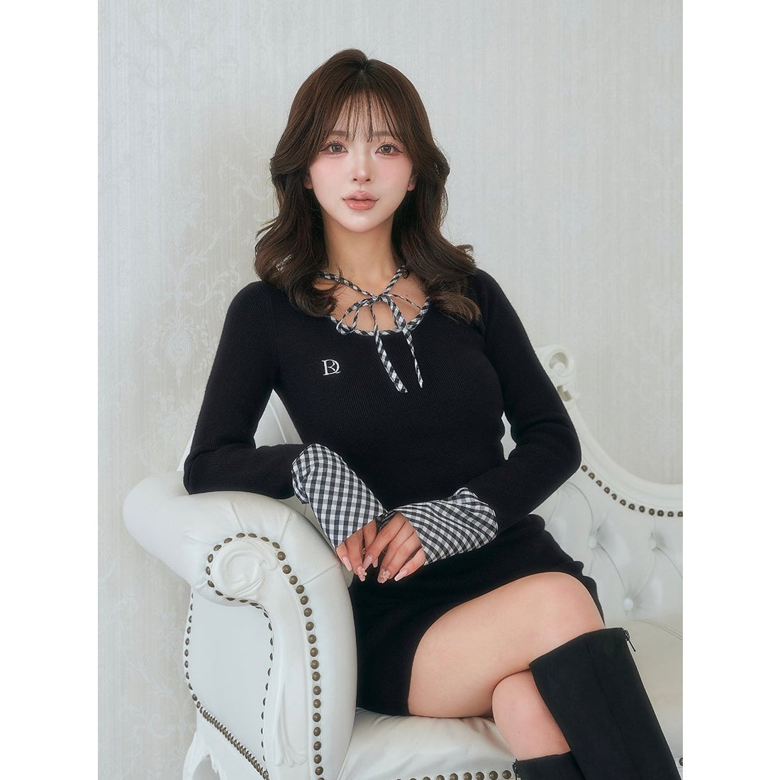 ダーリッチ Darich チェックリボンニットミニワンピース （ブラック