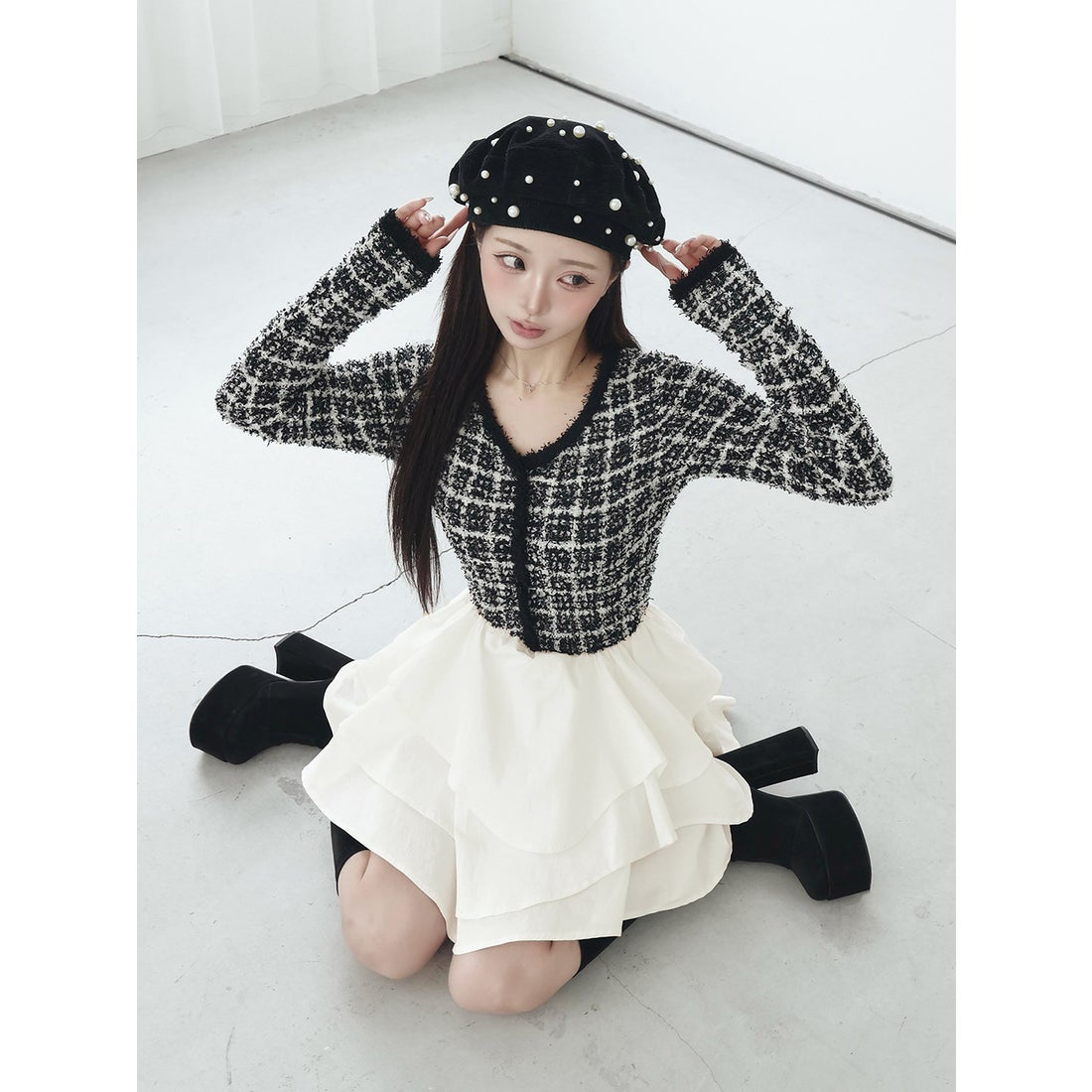 ダーリッチ Darich ボリュームフリルツイードニットミニワンピース