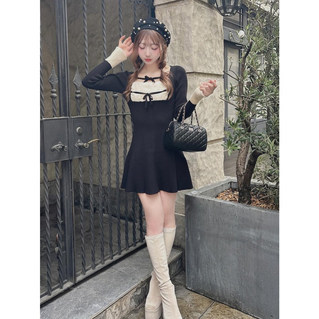 Darich リボンファーフレアニットミニワンピース FREEブラック