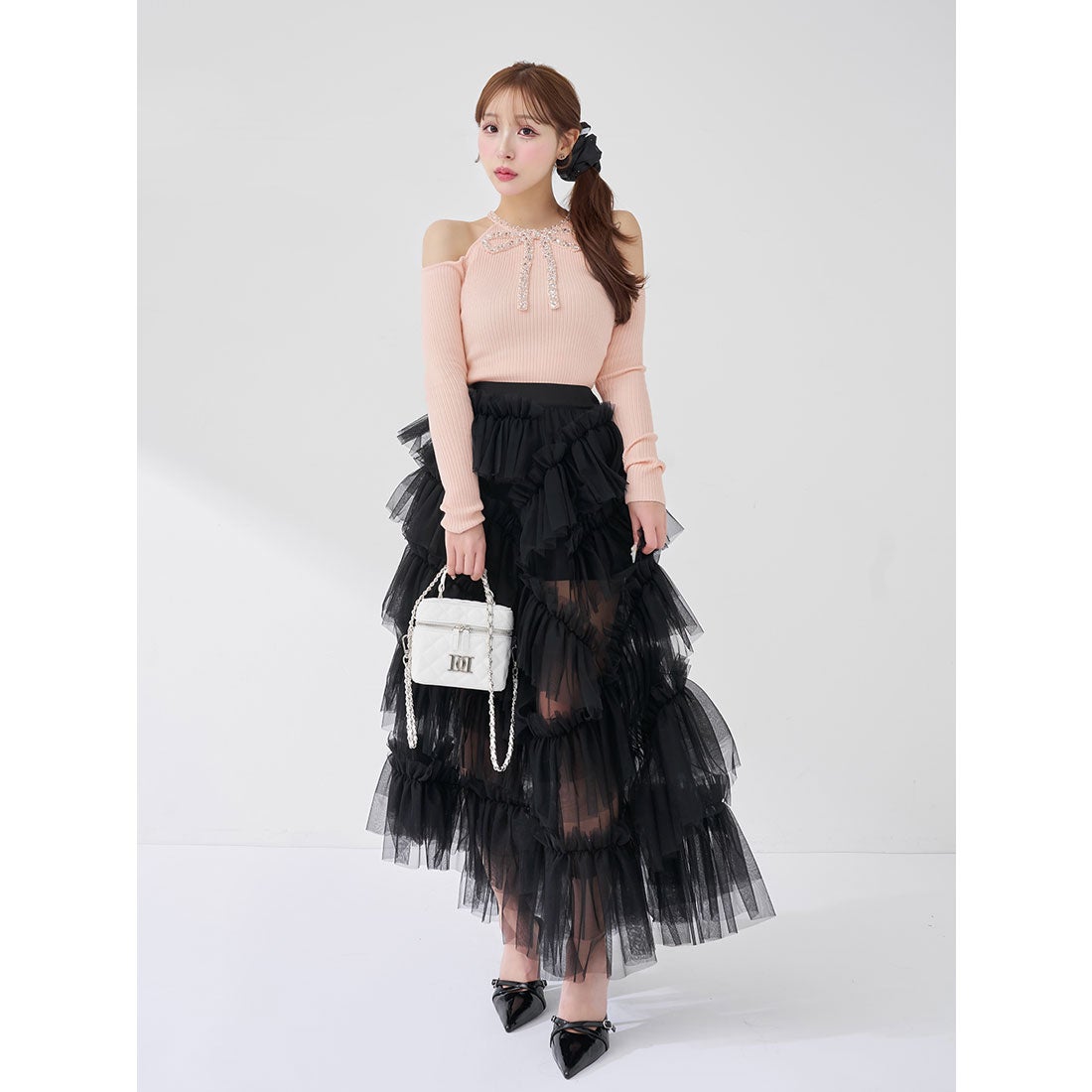 ダーリッチ Darich リボンビジューアメスリニットトップス （ピンク