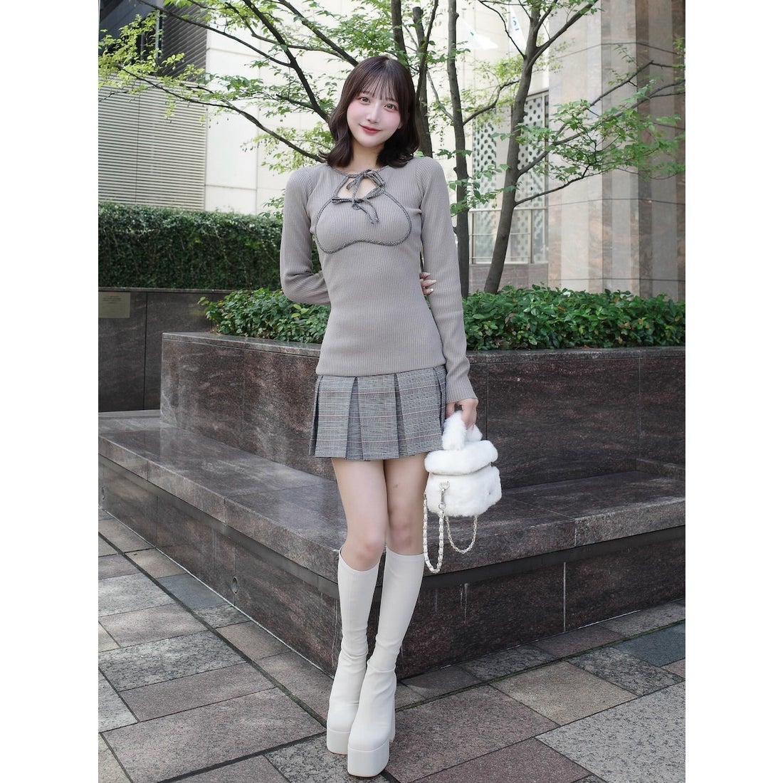 ダーリッチ Darich ポイントチェックニットミニワンピース （グレー