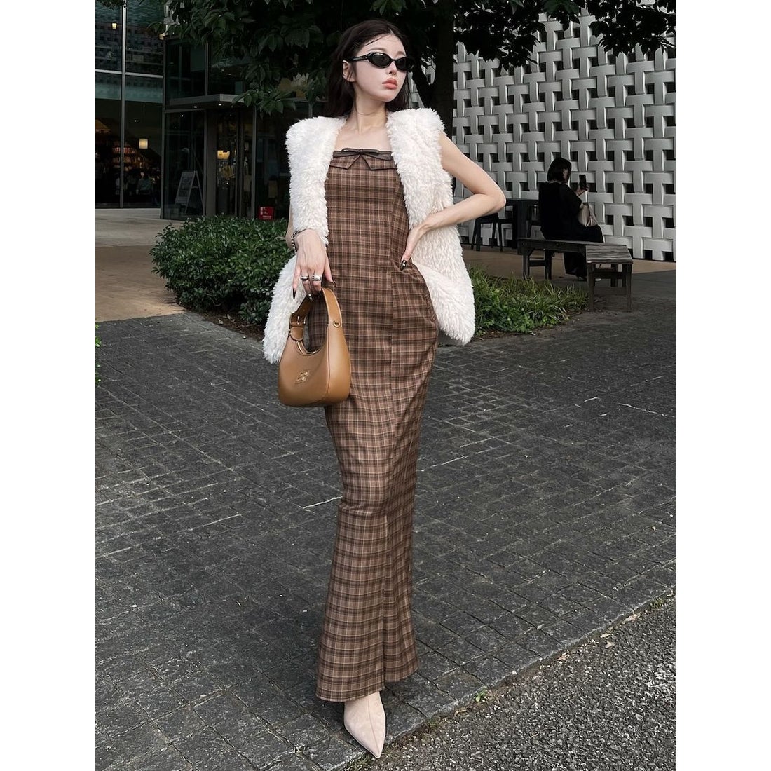 ダーリッチ Darich レザーリボンチェックロングワンピース （ブラウン