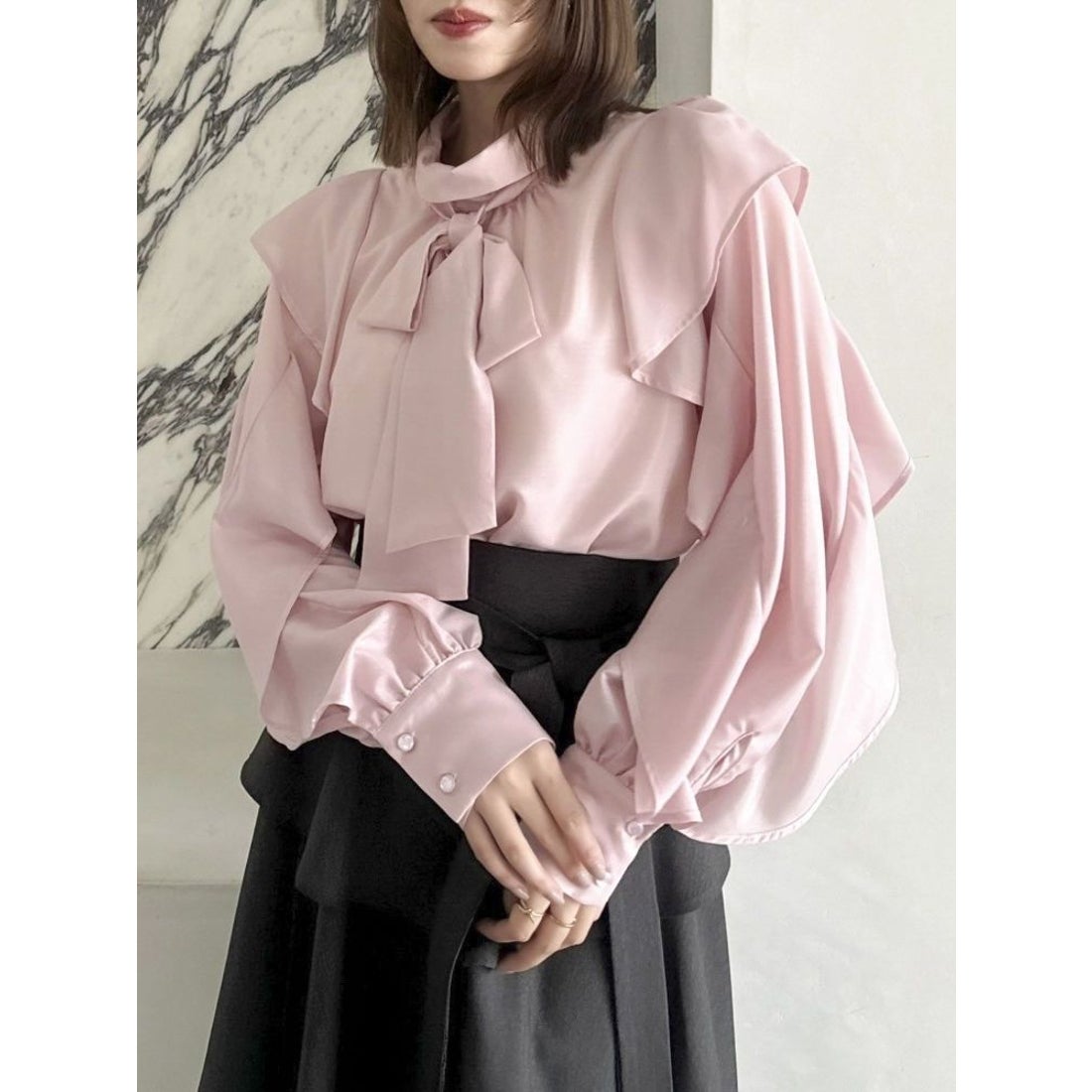 ダズリン dazzlin フリルリボン2WAY長袖ブラウス （ピンク） -靴