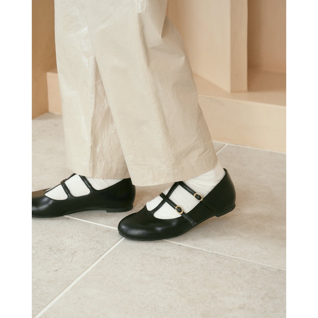 フラット ダブル Tストラップ メリージェーン （ブラック スムース