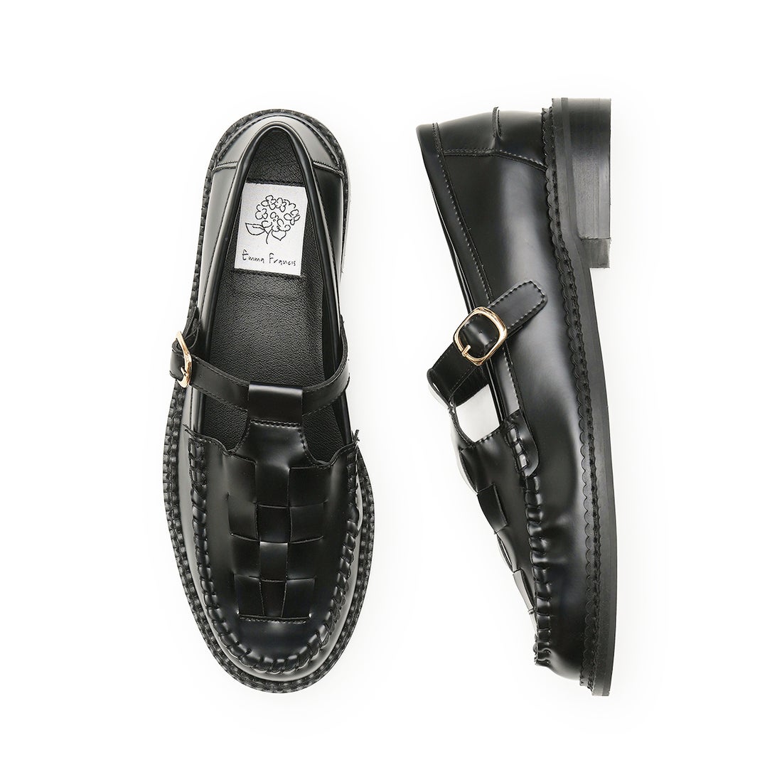 Tストラップ ローファー （ブラック スムース） -Emma Francis / エマ